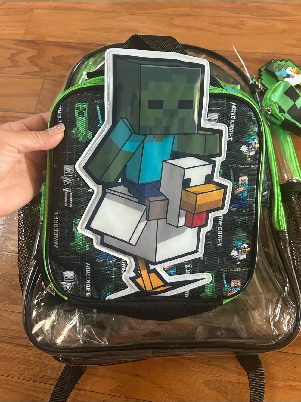 NWT Minecraft 17” clear backpack, lunch bag, pouch, keyring & carabiner 5pcs set